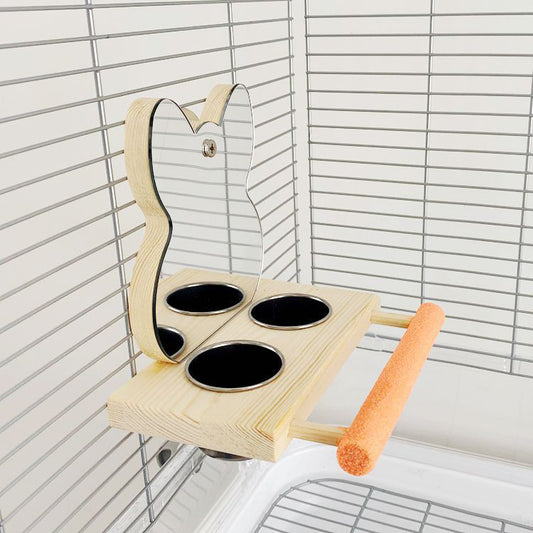 Bird perch with food cup and mirror