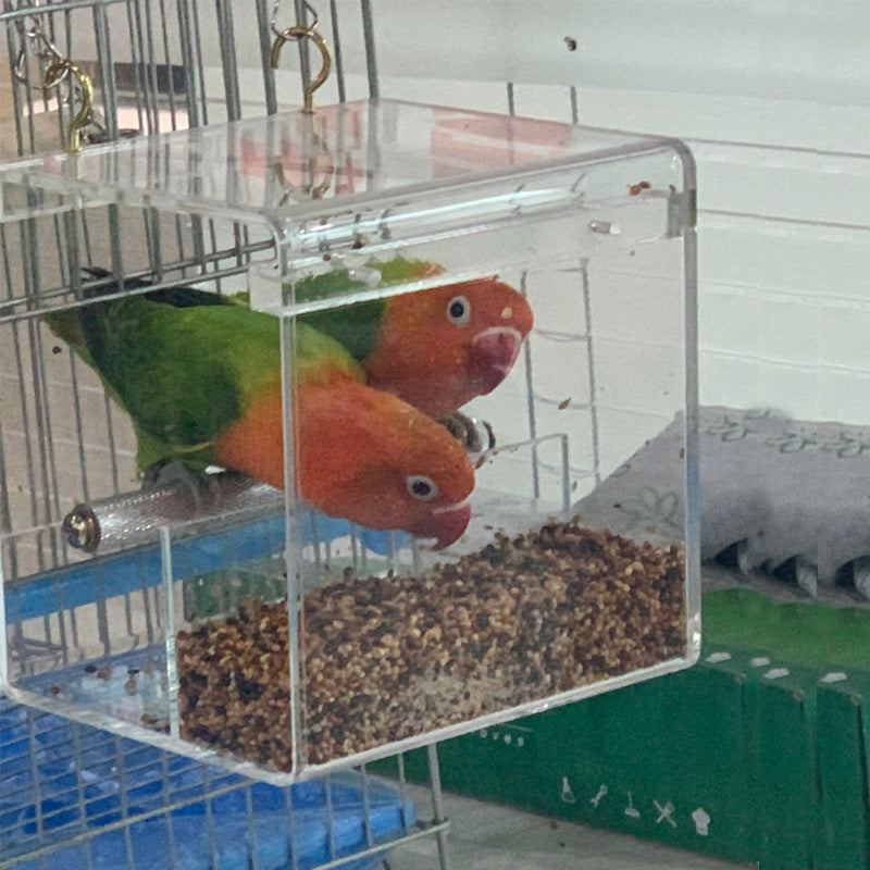 Lovebirds eating inside the acrylic feeder