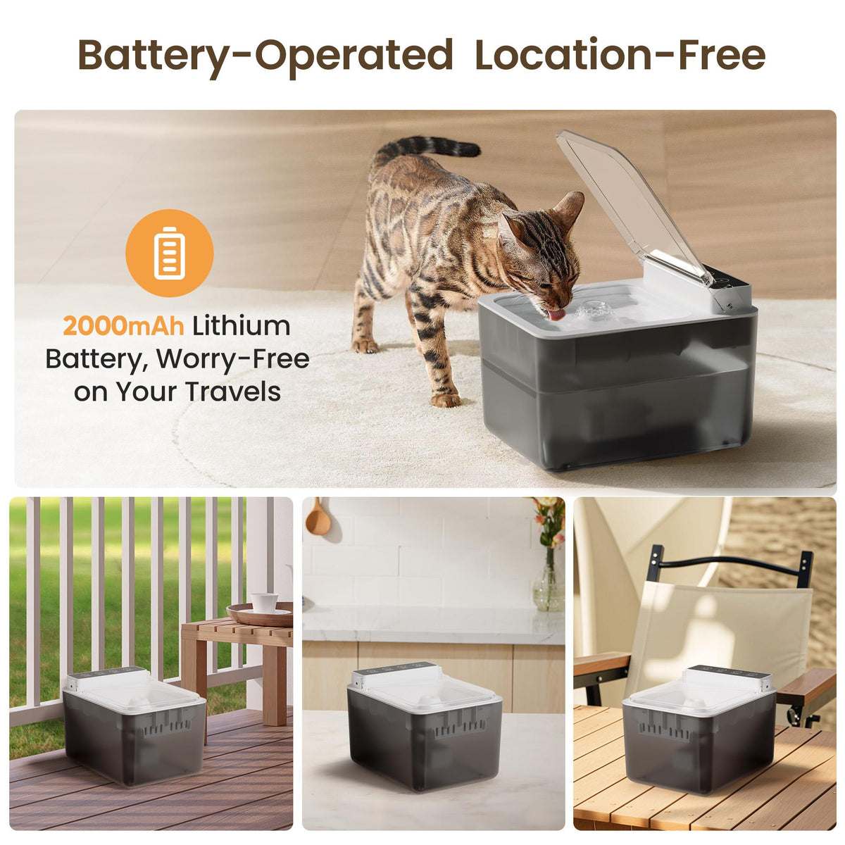 Battery-powered fountain placed anywhere