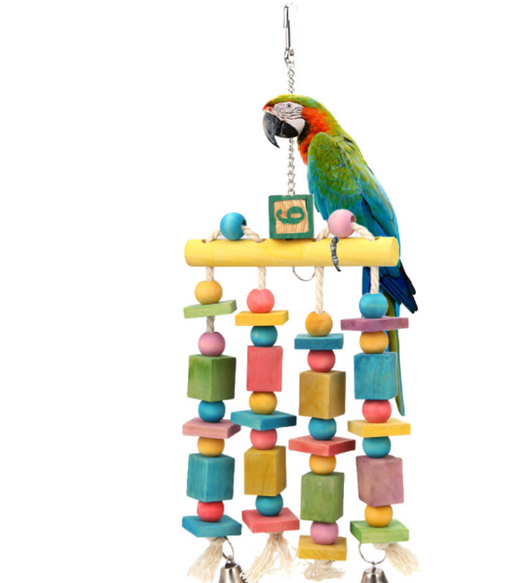 Bell and wood hanging toy for parrots