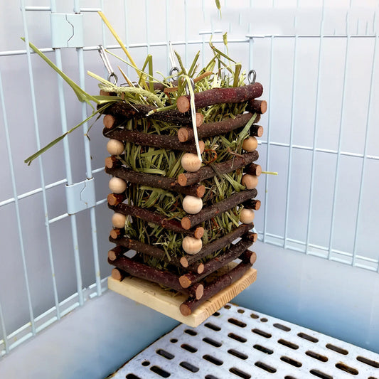 Hay rack on cage bars filled with hay