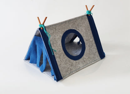 Felt tent with blue trim