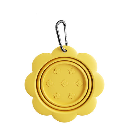 Collapsible flower-shaped travel bowl with carabiner, yellow