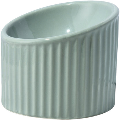 Cat eating from an elevated ceramic bowl