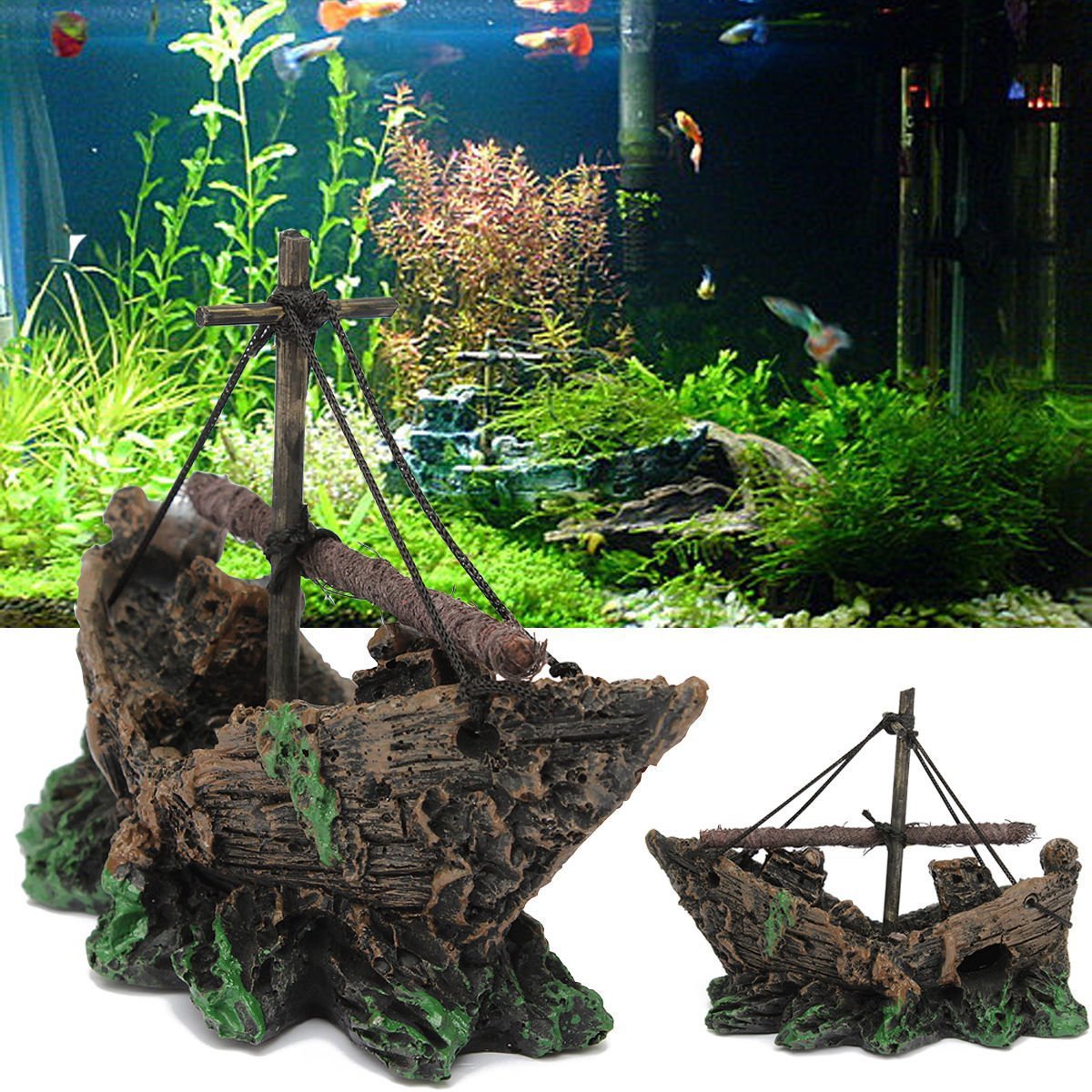 Sunken Fishing Boat Aquarium Ornament