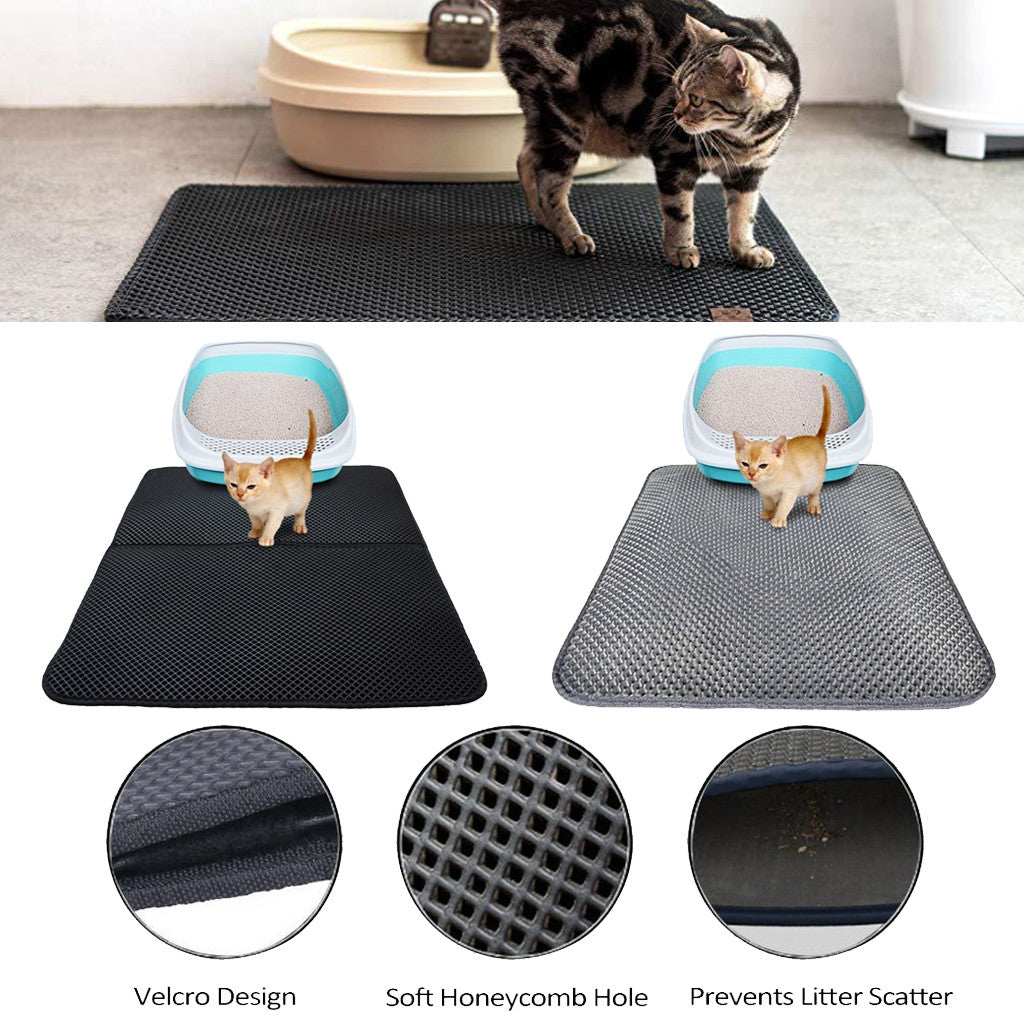 Litter-trapping cat mat by a litter box